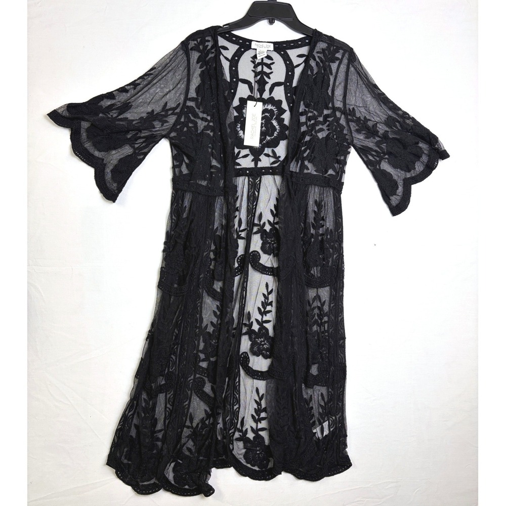 Rachel Zoe Black Embroidered Mesh Duster Robe Floral Lace‎ Cover Up One Size NEW